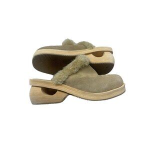 Skechers Spirals II Leather Mules Clogs Slip-On Shoes Faux Fur+Wood Sand Women 7